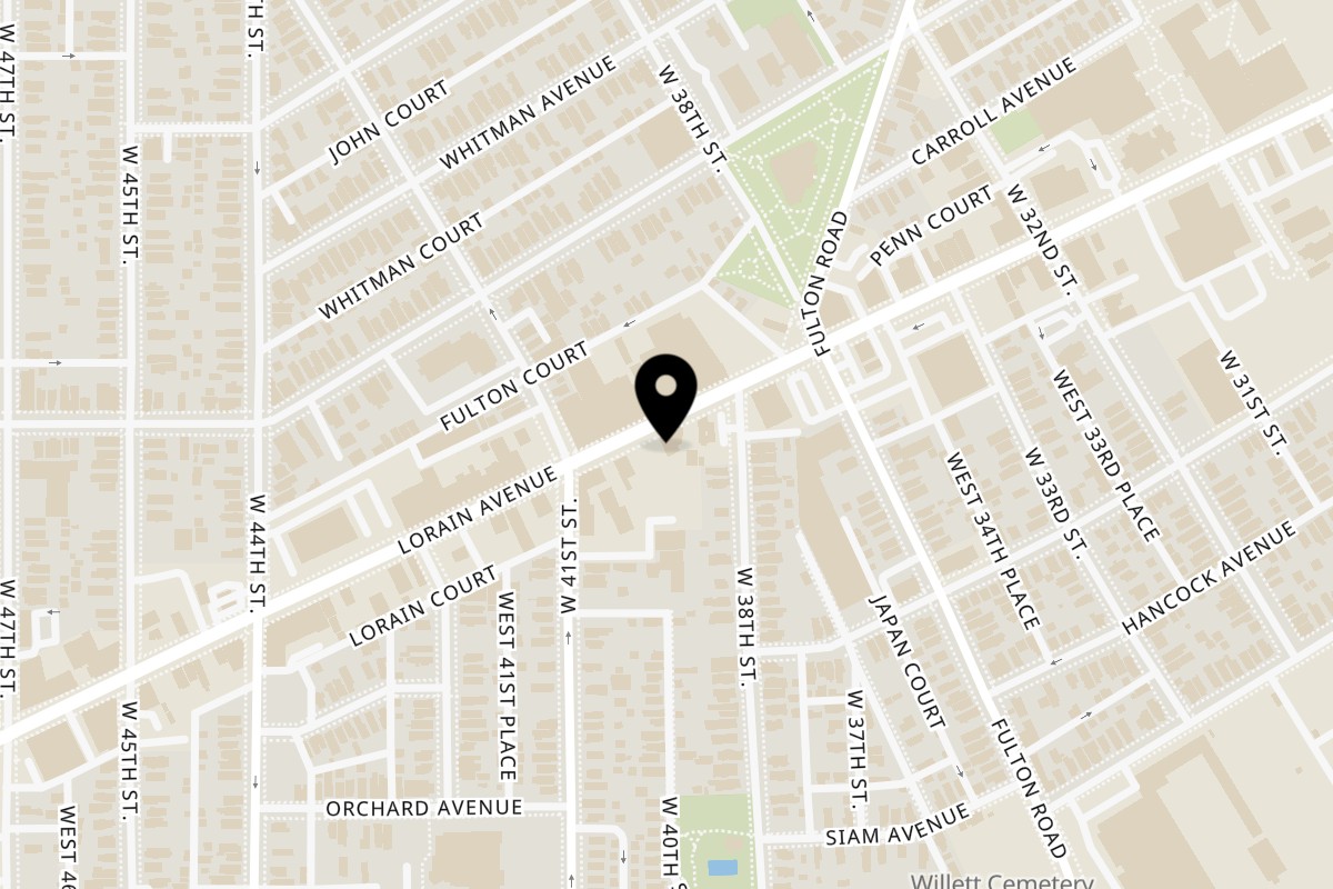 Map showing the location of Real Smoq’ed BBQ on 3829 Lorain Ave in Cleveland